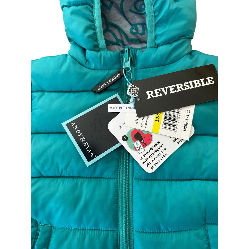 Andy and Evan Reversible Aqua Monsters Puffer Hooded Jacket Size 12-18 Months - Picture 7 of 11